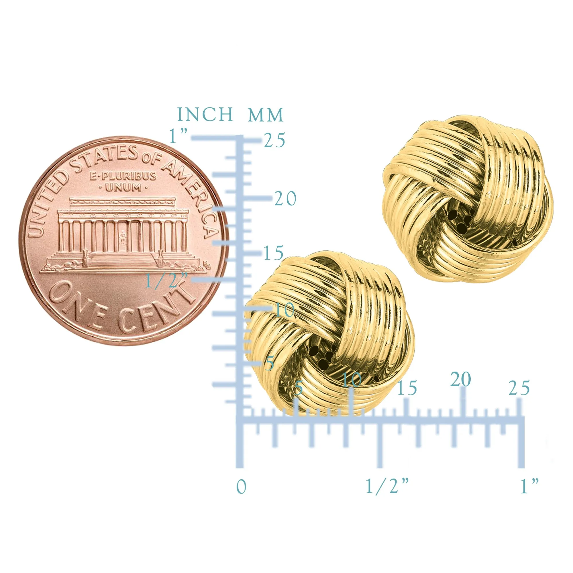 14k Yellow Gold Shiny 6 Row Love Knot Stud Earrings, 12mm