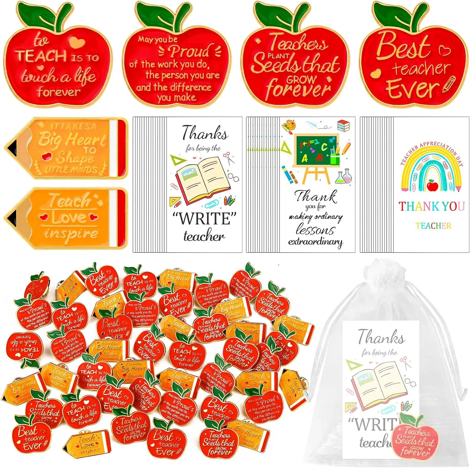 48 Set Teacher Appreciation Gift in Bulk Teacher Appreciation Week Gifts Includes Pencil Apple Pin Thank You Cards and Organza Bags for Staff Teachers Graduation Gifts
