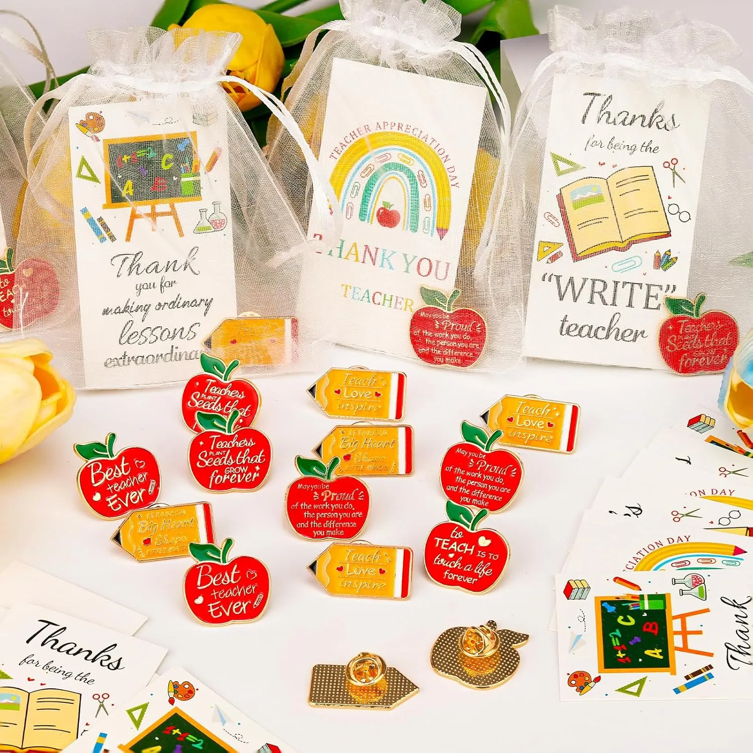48 Set Teacher Appreciation Gift in Bulk Teacher Appreciation Week Gifts Includes Pencil Apple Pin Thank You Cards and Organza Bags for Staff Teachers Graduation Gifts