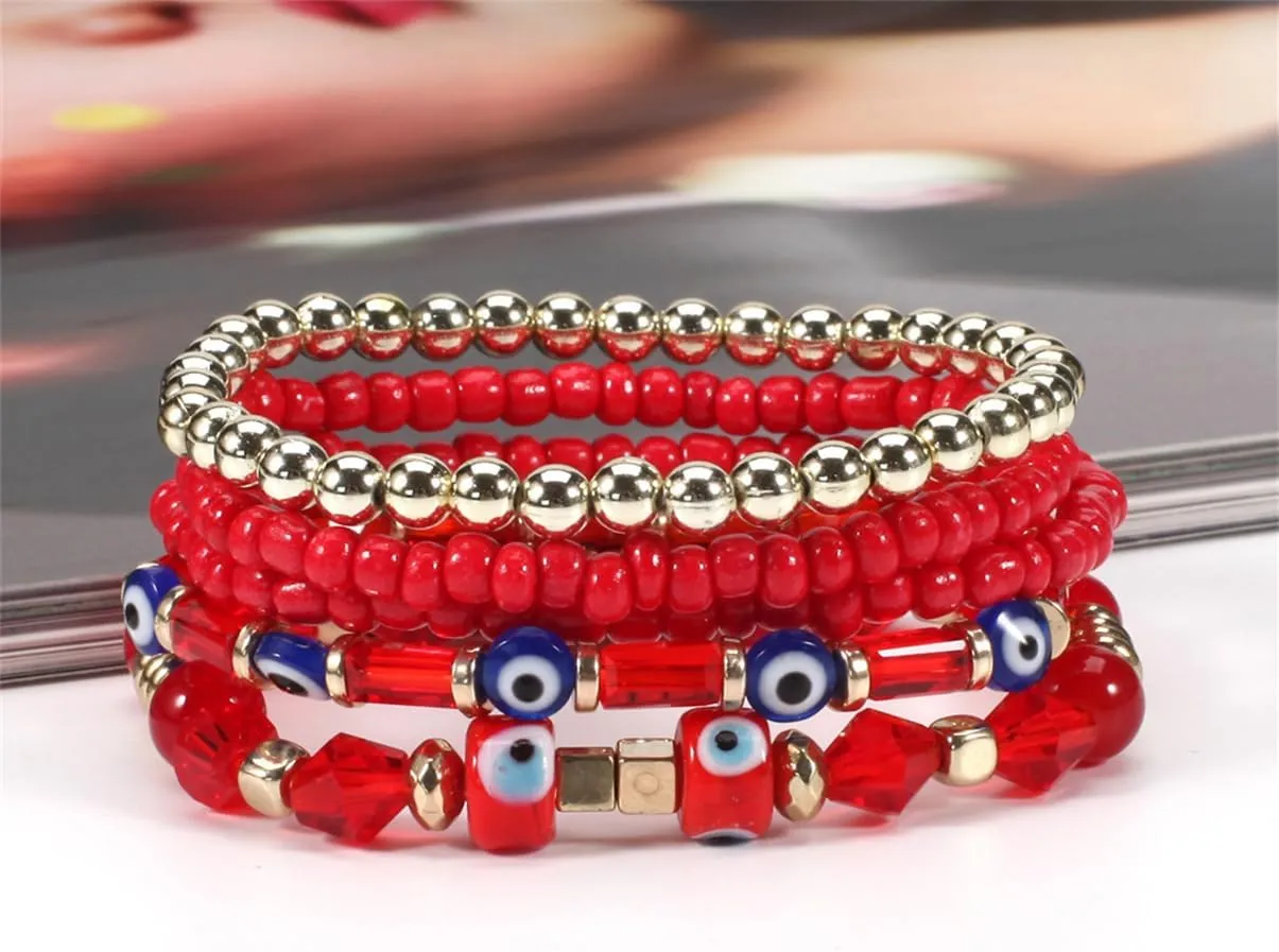 5Pcs Bohemian Stackable Beaded Bracelets Set for Women,Multilayer Evil Eye Bracelets,Boho Layered Strand Bead Bracelets, Handmade Crystal Lucky Protection Stretch Bracelets for Women