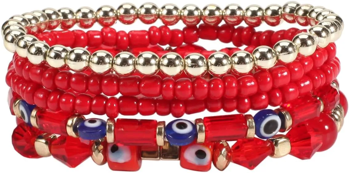 5Pcs Bohemian Stackable Beaded Bracelets Set for Women,Multilayer Evil Eye Bracelets,Boho Layered Strand Bead Bracelets, Handmade Crystal Lucky Protection Stretch Bracelets for Women