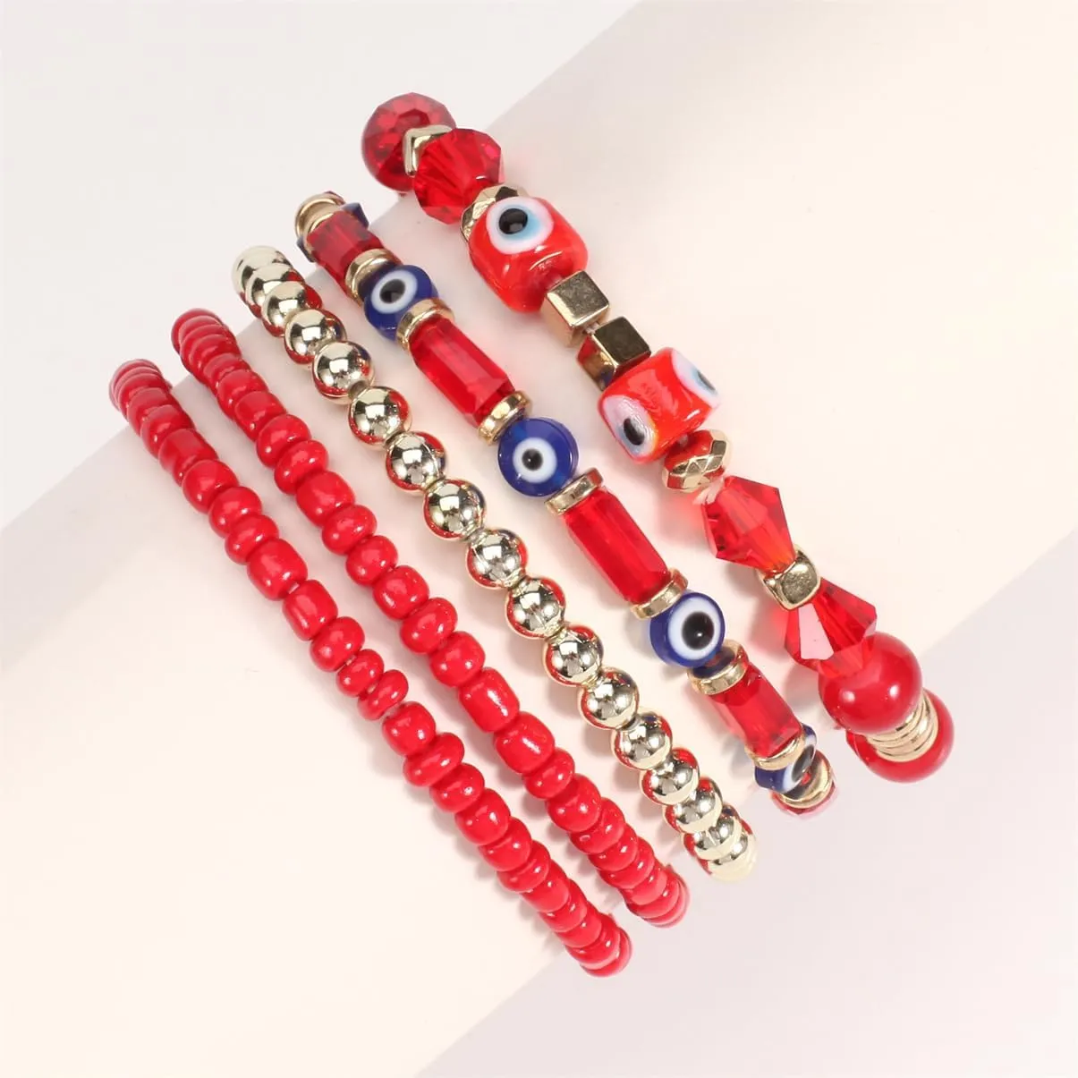 5Pcs Bohemian Stackable Beaded Bracelets Set for Women,Multilayer Evil Eye Bracelets,Boho Layered Strand Bead Bracelets, Handmade Crystal Lucky Protection Stretch Bracelets for Women