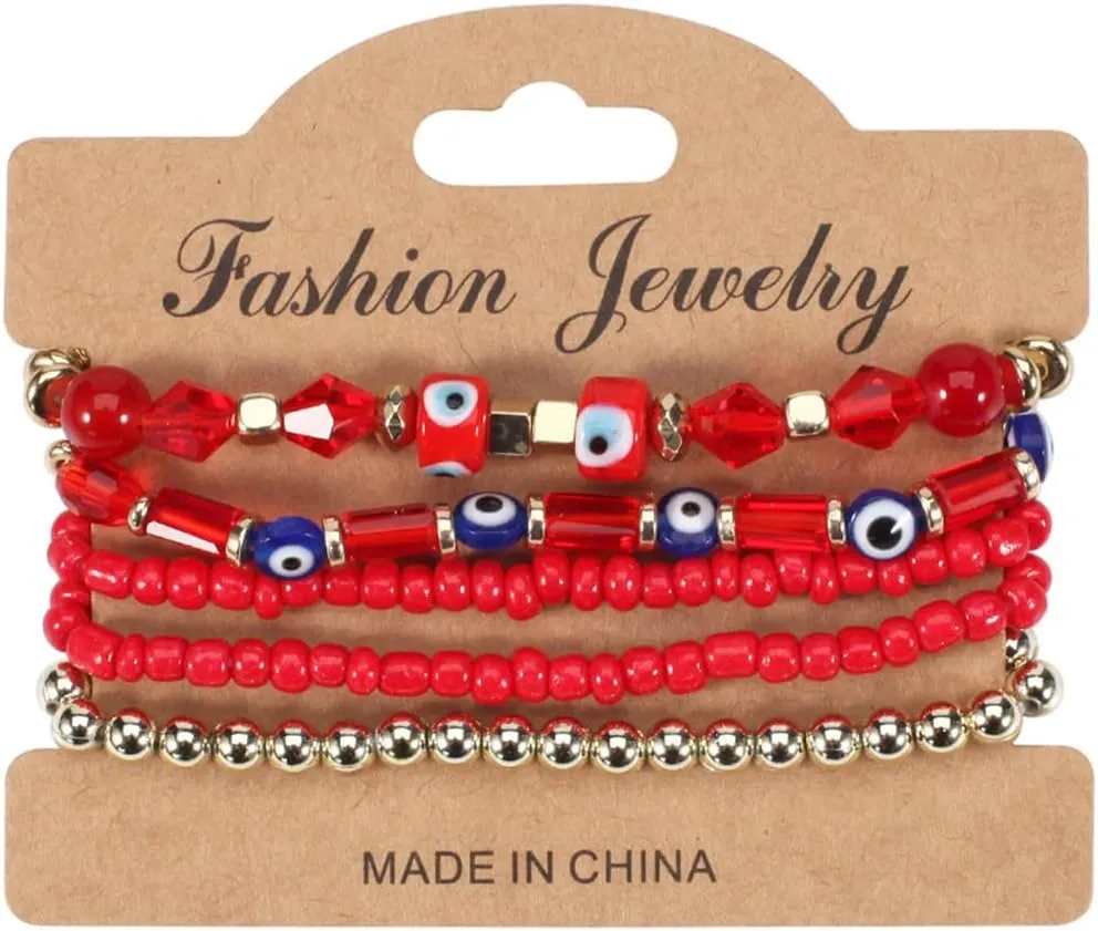 5Pcs Bohemian Stackable Beaded Bracelets Set for Women,Multilayer Evil Eye Bracelets,Boho Layered Strand Bead Bracelets, Handmade Crystal Lucky Protection Stretch Bracelets for Women