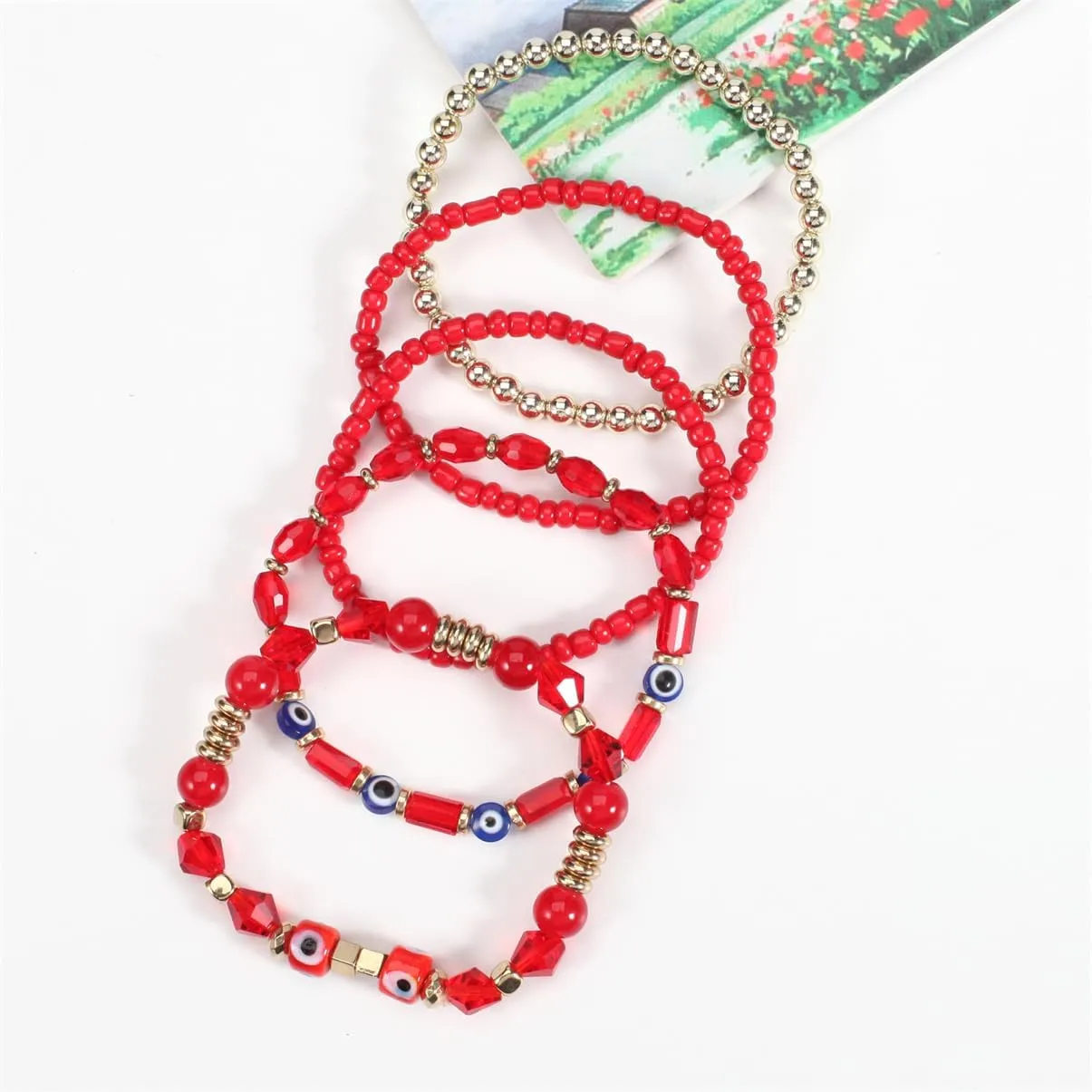 5Pcs Bohemian Stackable Beaded Bracelets Set for Women,Multilayer Evil Eye Bracelets,Boho Layered Strand Bead Bracelets, Handmade Crystal Lucky Protection Stretch Bracelets for Women