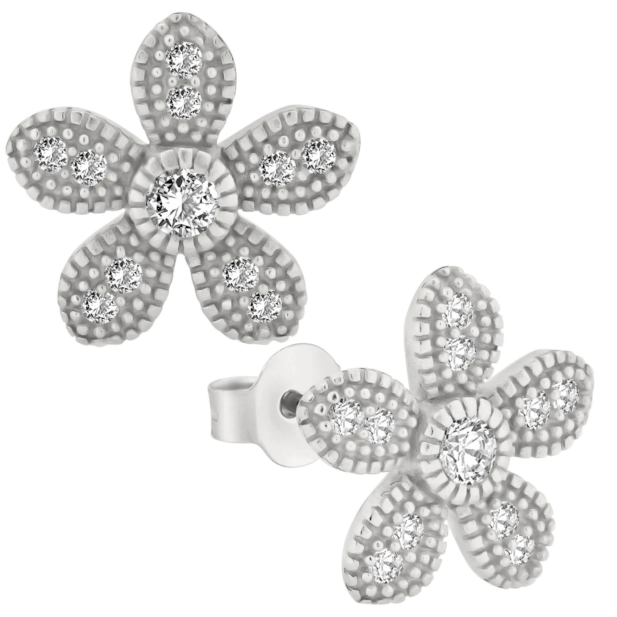925 Sterling Silver Flower Design with Cubic Zirconia Earrings Stud Push Backing