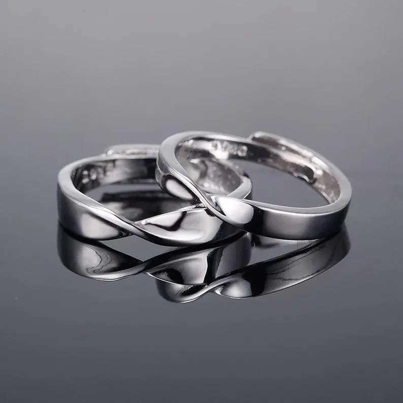 Adjustable Silver Couple Promise Mobius Twist Infinity Ring Set