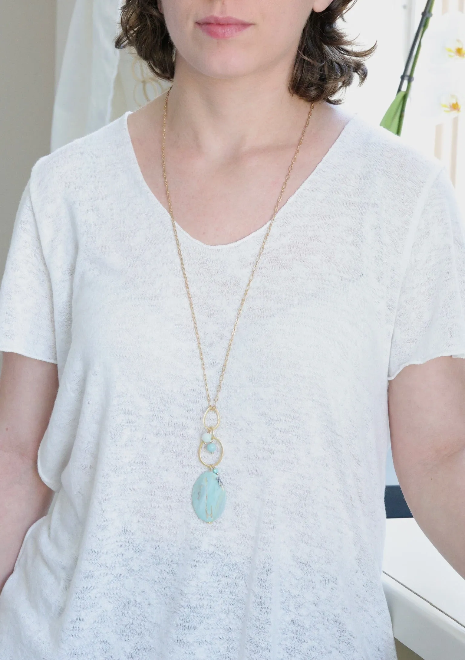 Aragonite Long Necklace in matte gold