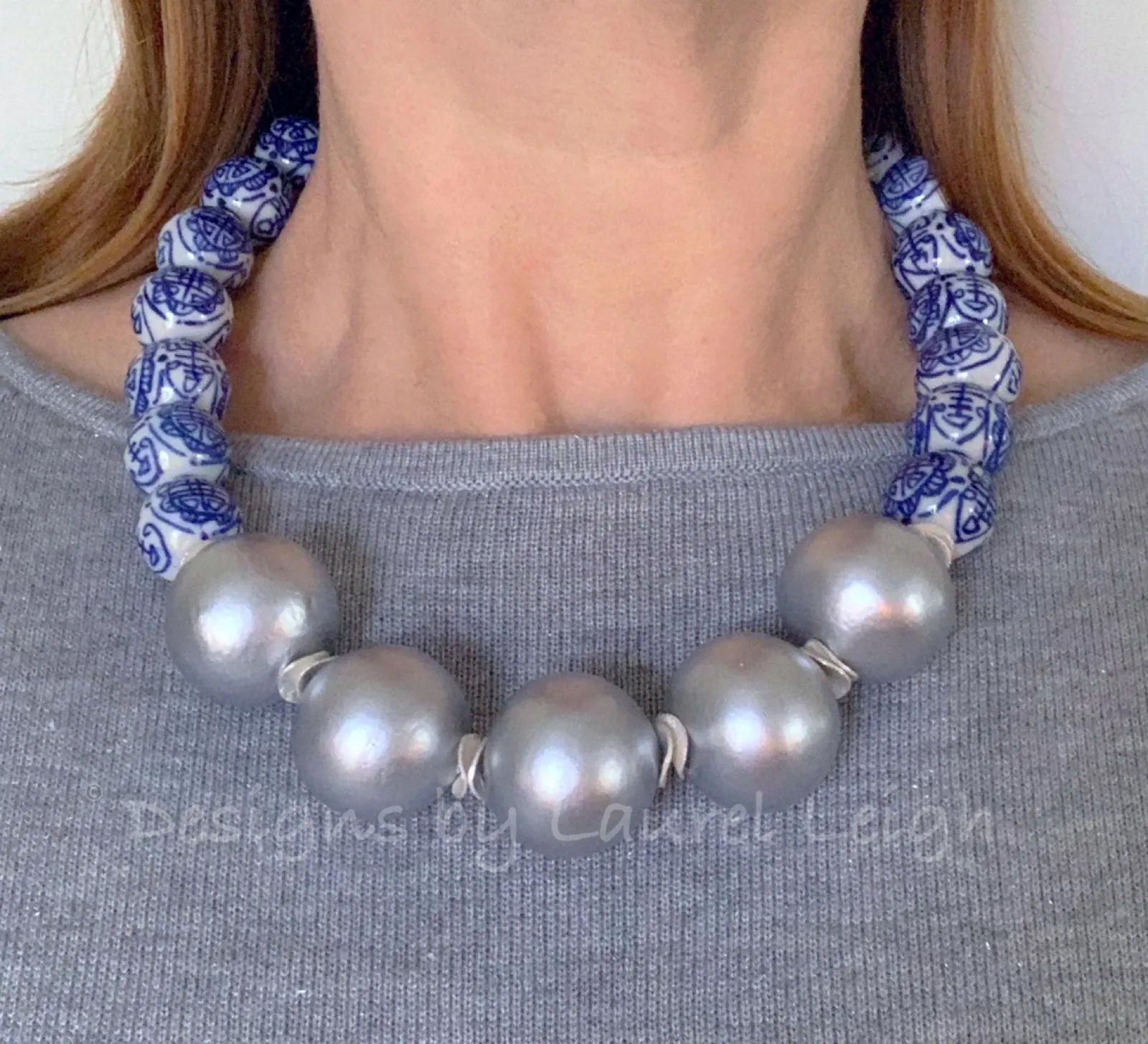 Blue & White Chinoiserie Silver Pearl Necklace