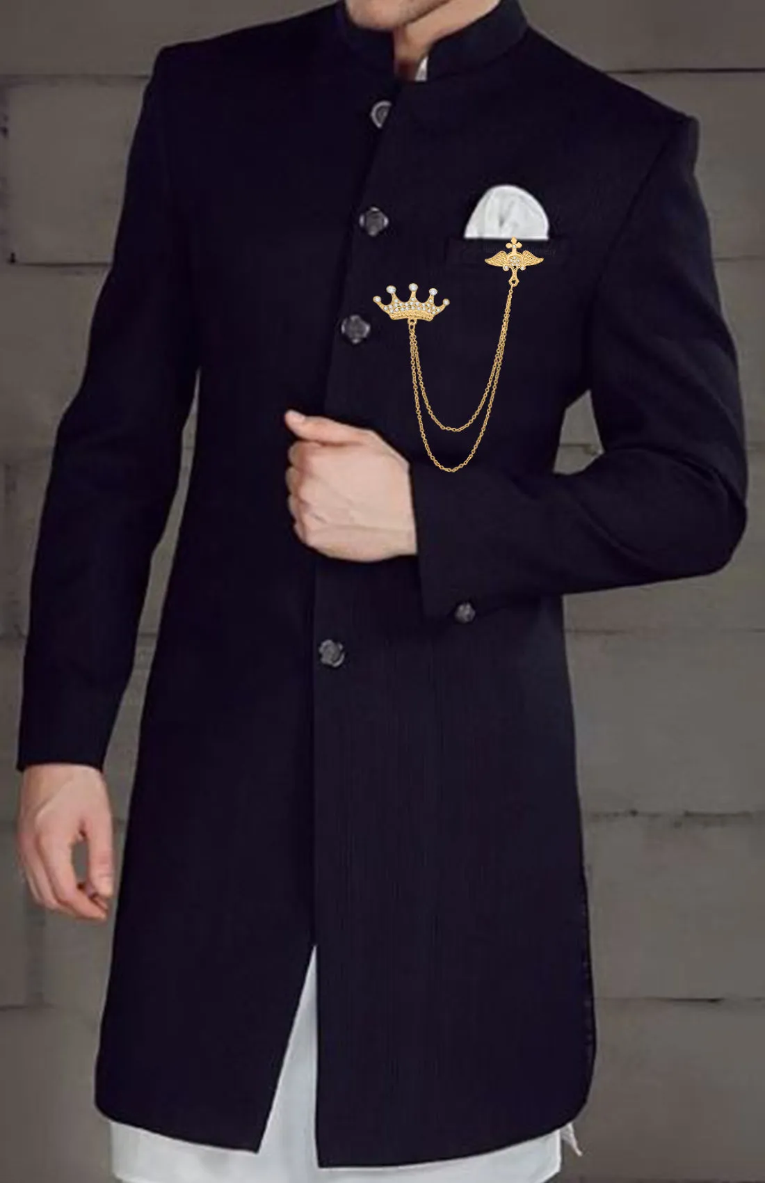 Fashionable Double Chain Crown Wing Brooch Lapel Pin