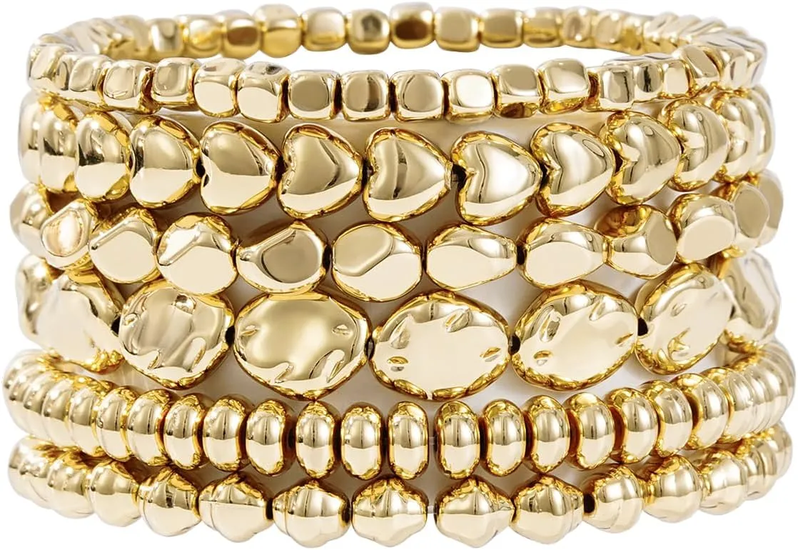Gold Beaded Bracelets for Women Trendy, 14K Gold Plated Stack Cross Pearl Gold Bead Stretch Bracelets Set Elastic Hypoallergenic Bracelets Jewelry Gifts