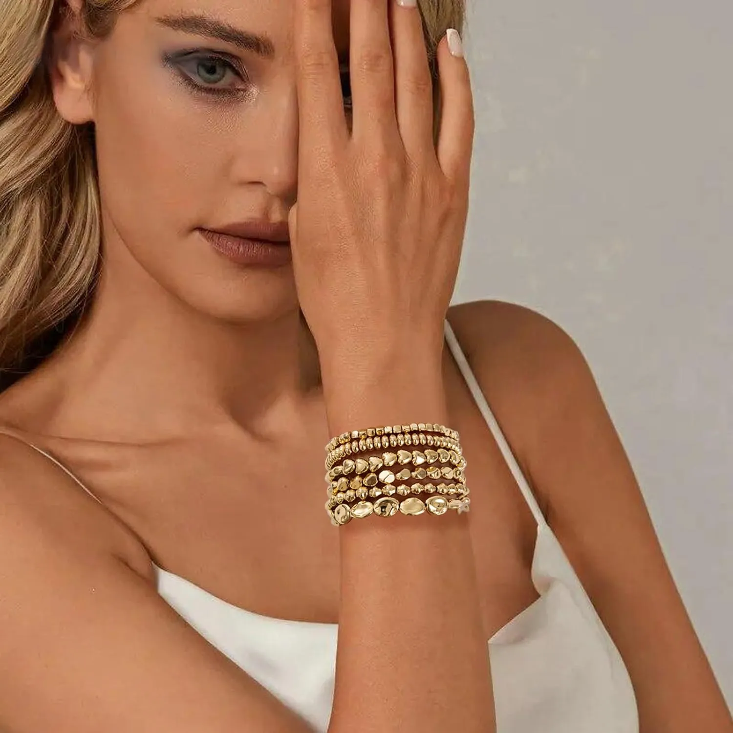 Gold Beaded Bracelets for Women Trendy, 14K Gold Plated Stack Cross Pearl Gold Bead Stretch Bracelets Set Elastic Hypoallergenic Bracelets Jewelry Gifts