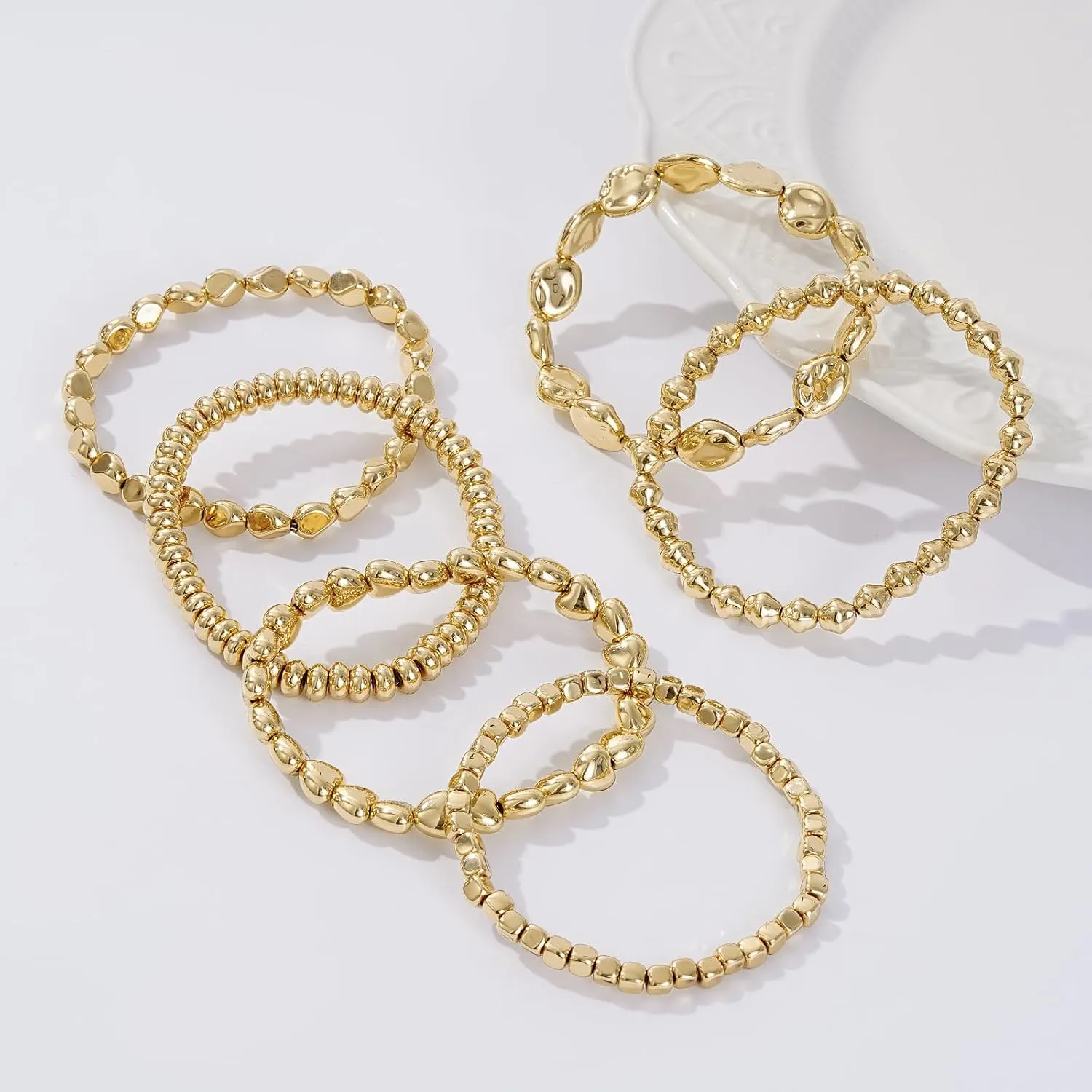 Gold Beaded Bracelets for Women Trendy, 14K Gold Plated Stack Cross Pearl Gold Bead Stretch Bracelets Set Elastic Hypoallergenic Bracelets Jewelry Gifts