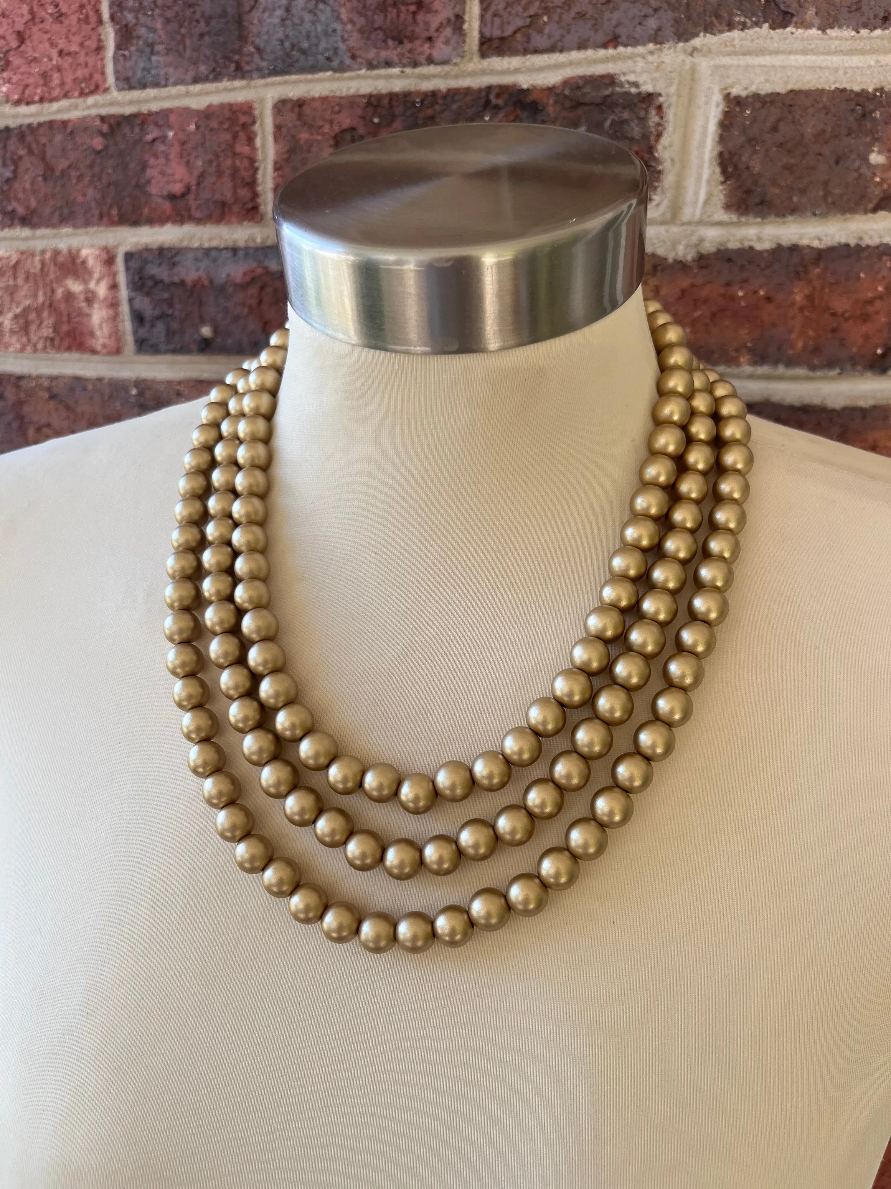 Gold Matte Small Beaded Acrylic Chunky Multi Strand Statement Necklace - Alana