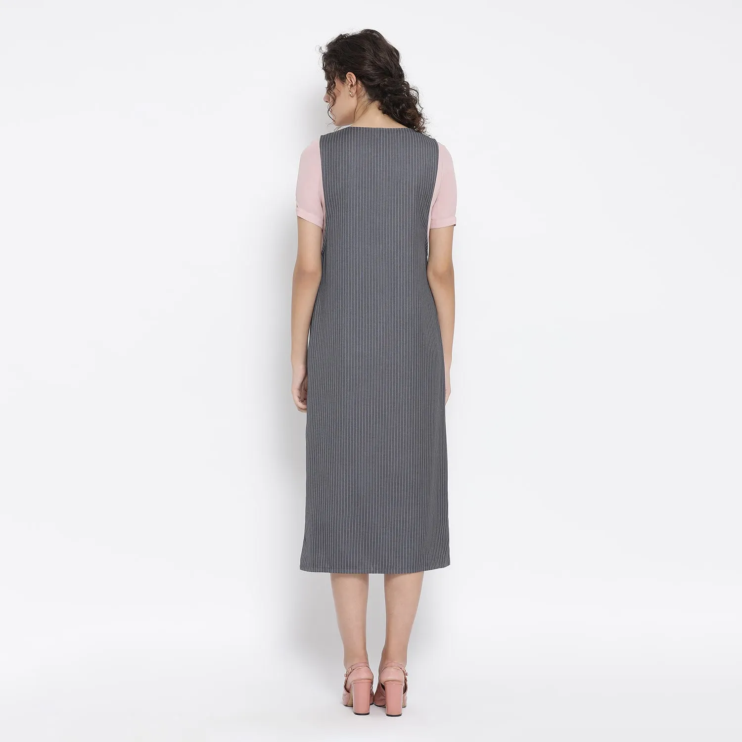 Grey Stripe Dress With Pink Georgette Tunic