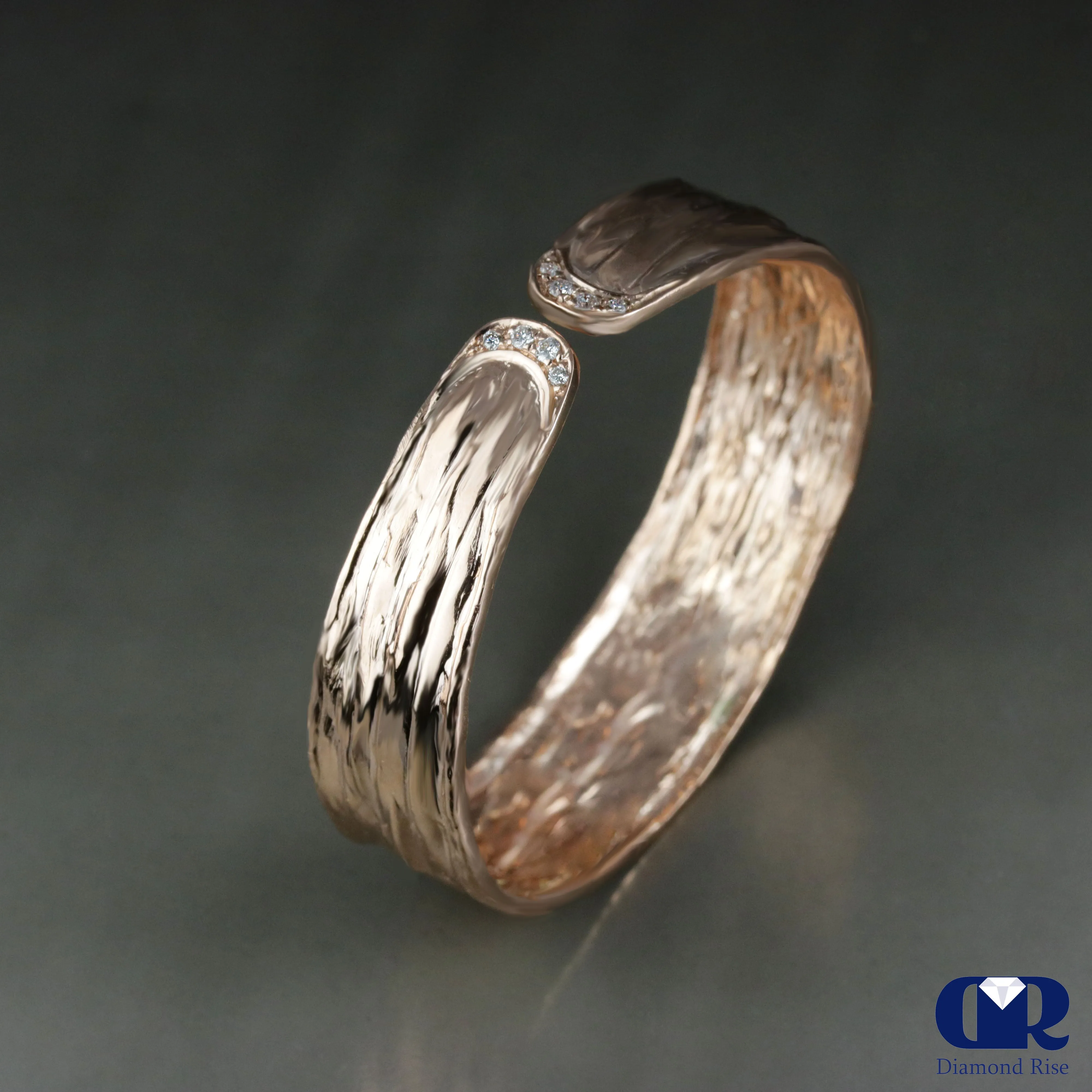 Handmade Diamond Open Cuff Bangle Bracelet In 14K Solid Gold 6.5" - 7"