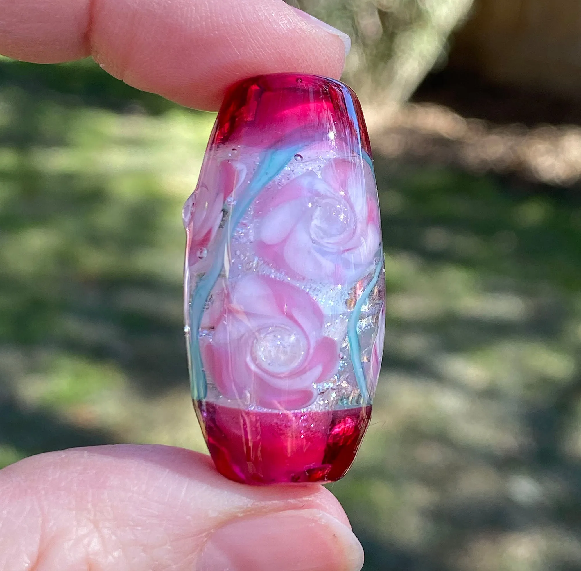 Handmade Pink Floral Lampwork Focal Bead SRA
