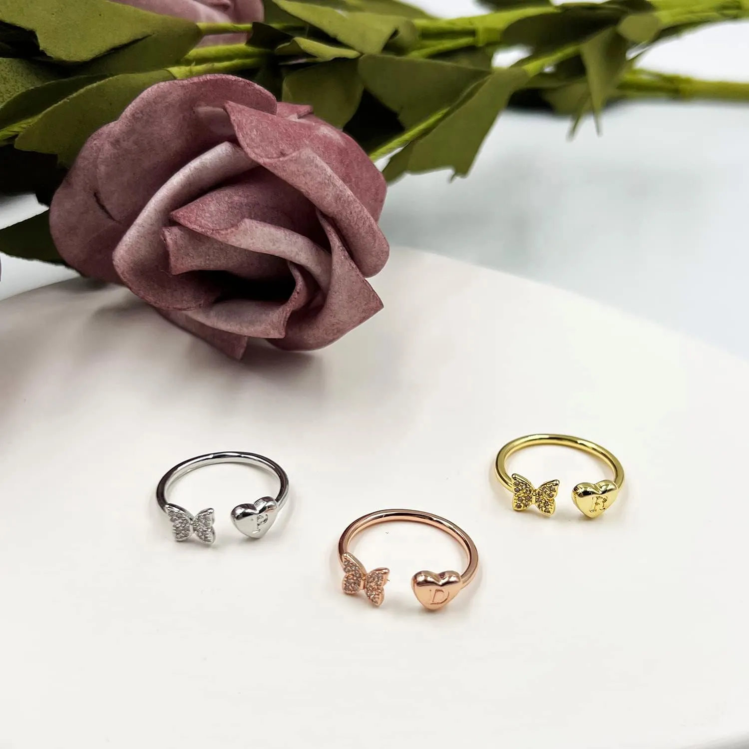 INENIMARTJ Initial Rings for Women Stackable Butterfly Initial Letter Rings Crystal Inlaid Capital Alphabet Ring 14k Gold Silver Rose Gold Plated Open Adjustable Initial rings Jewelry