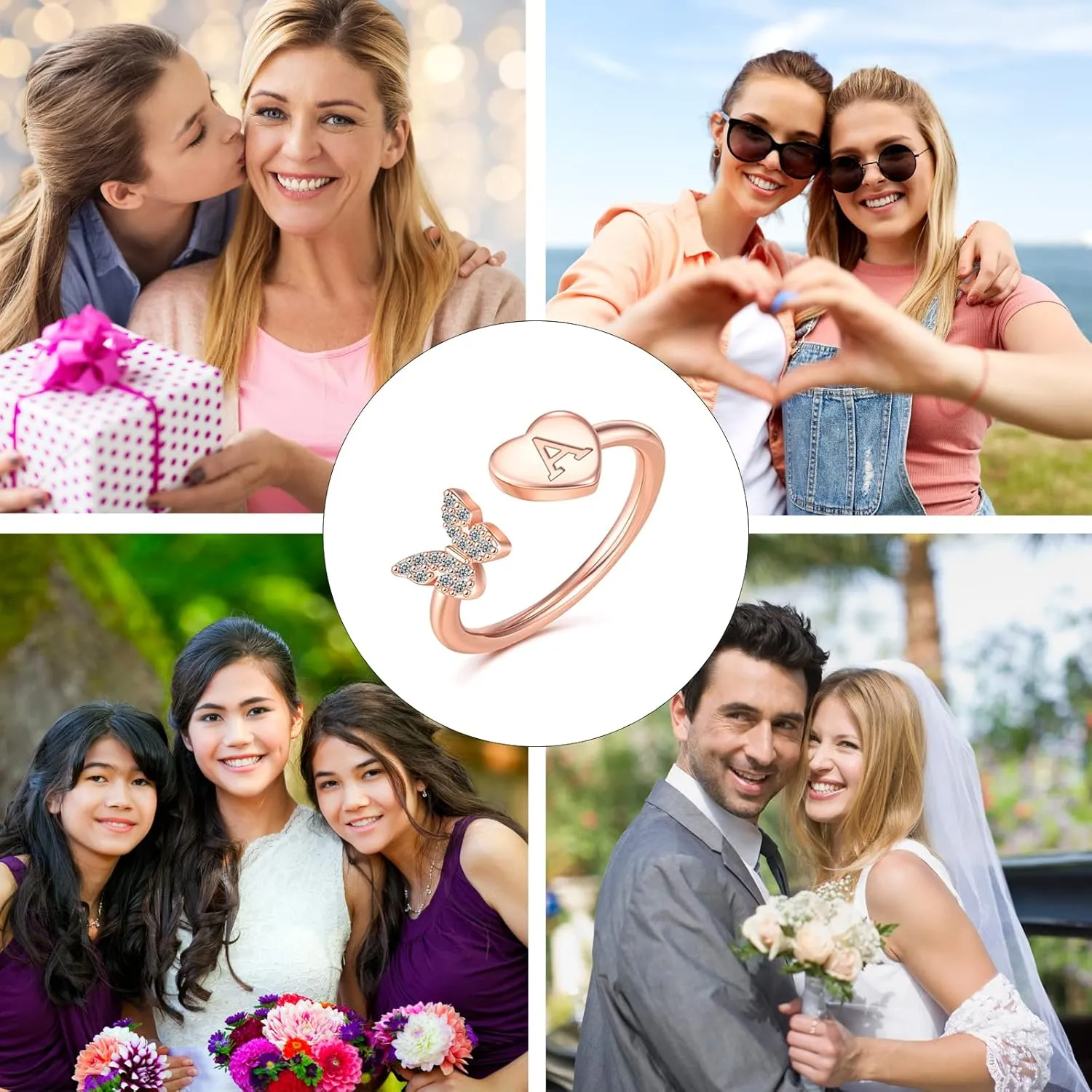 INENIMARTJ Initial Rings for Women Stackable Butterfly Initial Letter Rings Crystal Inlaid Capital Alphabet Ring 14k Gold Silver Rose Gold Plated Open Adjustable Initial rings Jewelry