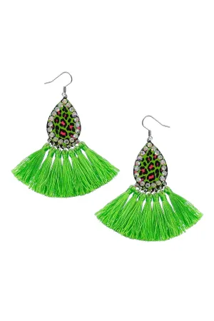 Lime Green Leopard Print AB Rhinestone Teardrop Earring With Fringe Trim
