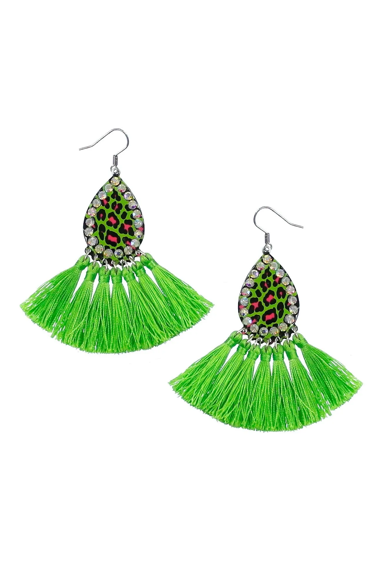 Lime Green Leopard Print AB Rhinestone Teardrop Earring With Fringe Trim