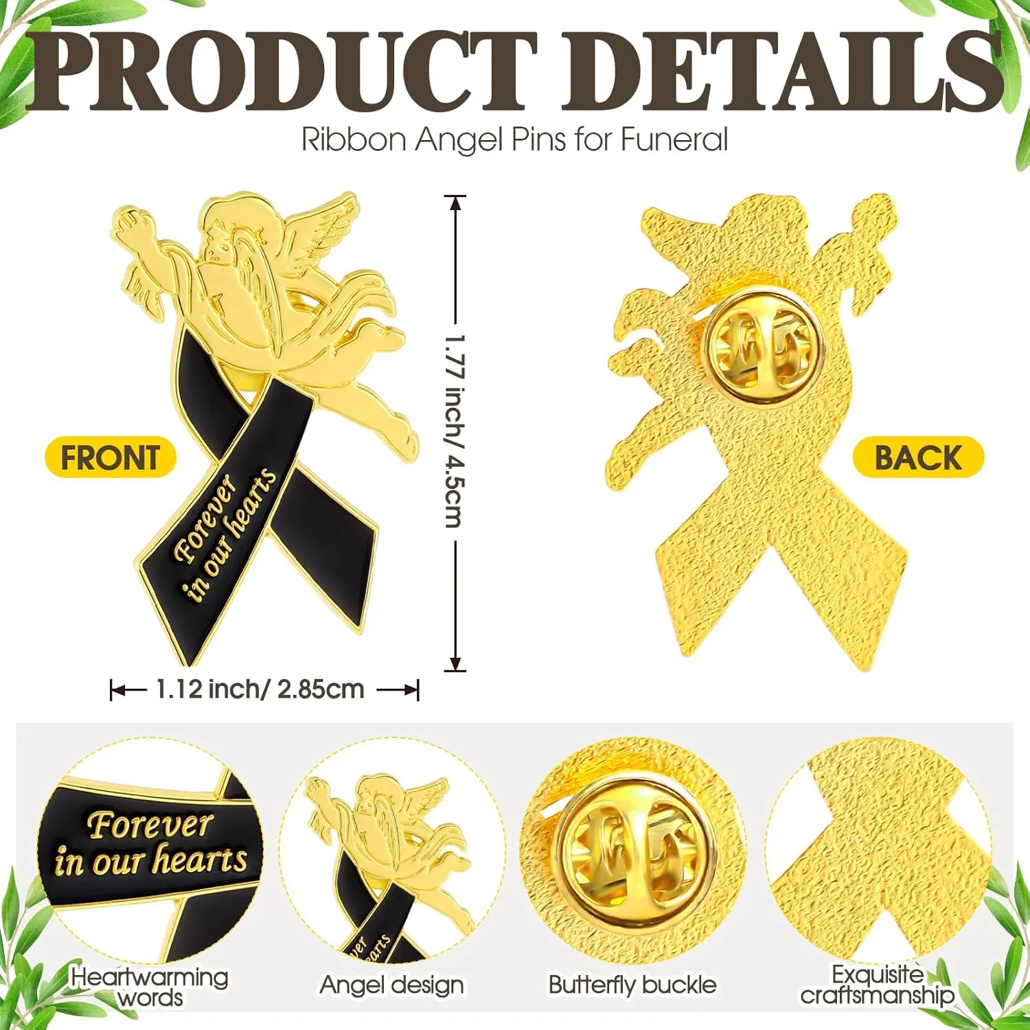 Misdary Ribbon Angel Pins Awareness Funeral Favors for Guests Forever in Our Hearts Memorial Brooch Black Enamel Lapel Pin Celebration of Life Decor for Mourning Remembrance Day
