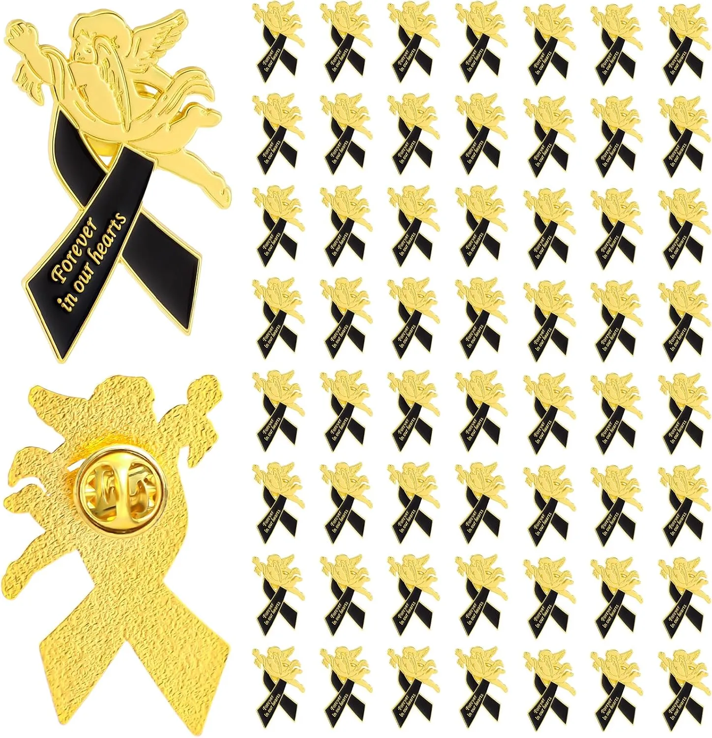 Misdary Ribbon Angel Pins Awareness Funeral Favors for Guests Forever in Our Hearts Memorial Brooch Black Enamel Lapel Pin Celebration of Life Decor for Mourning Remembrance Day