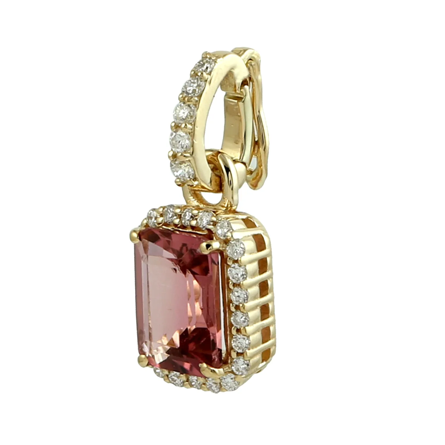 Octagon Pink Tourmaline Pave Diamond Charm Pendant 18K Yellow Gold jewelry Gifts