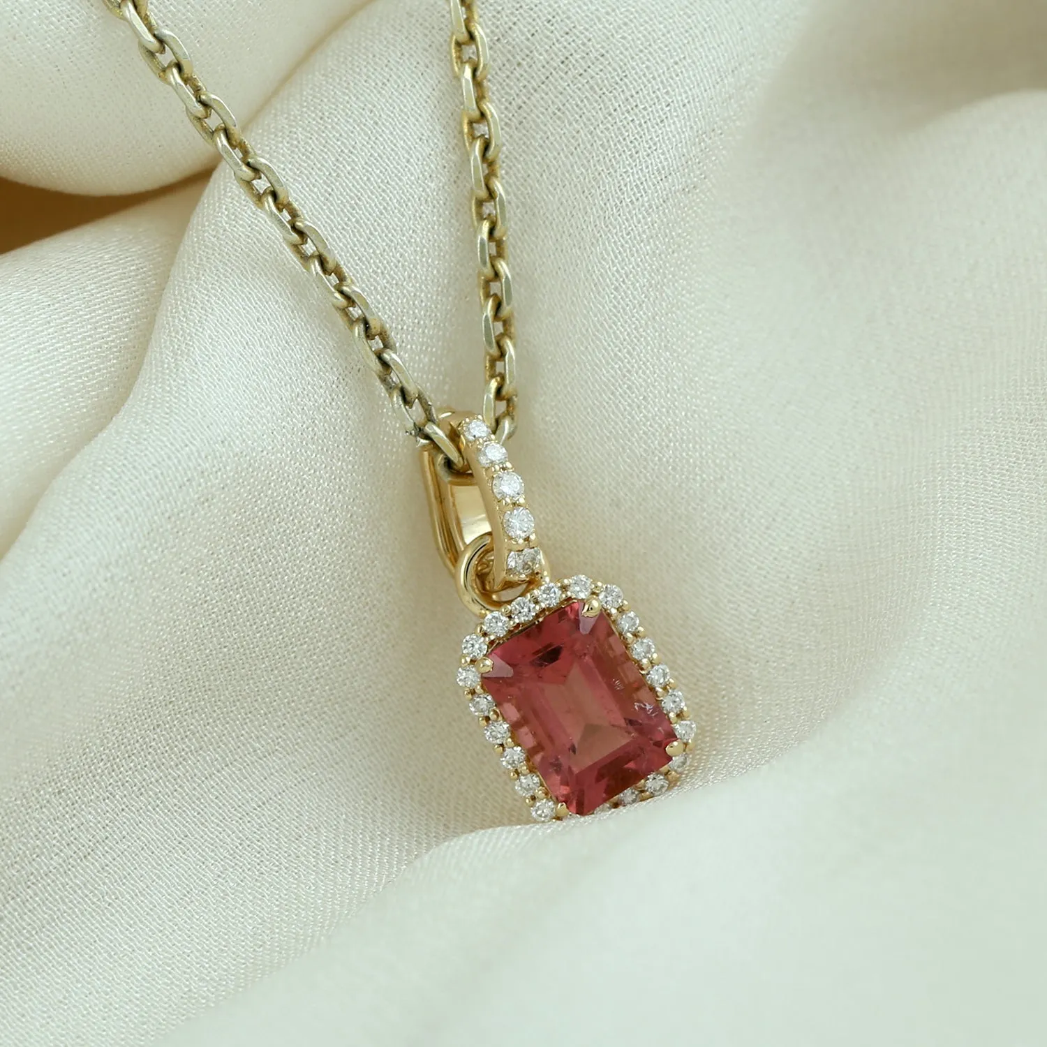Octagon Pink Tourmaline Pave Diamond Charm Pendant 18K Yellow Gold jewelry Gifts