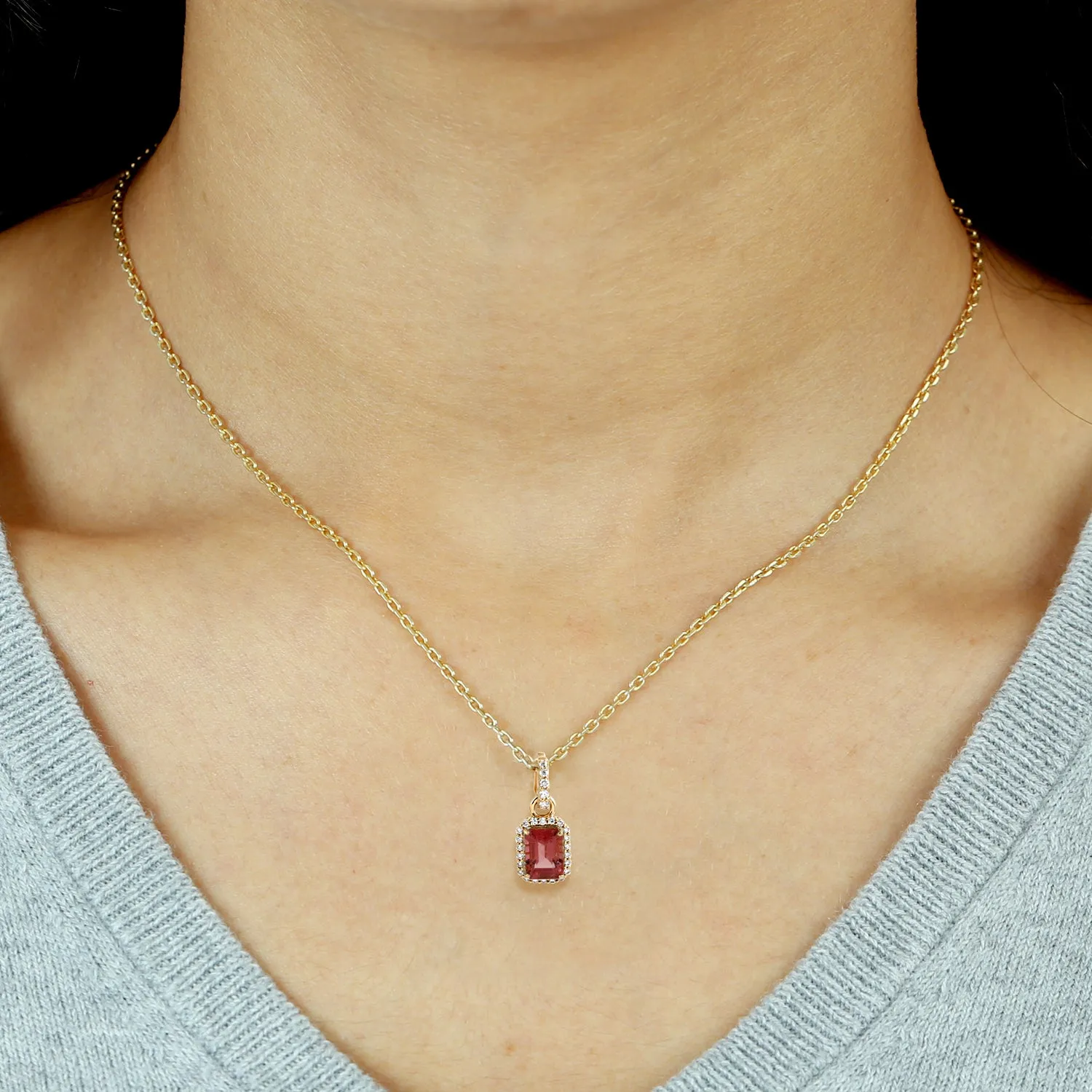 Octagon Pink Tourmaline Pave Diamond Charm Pendant 18K Yellow Gold jewelry Gifts
