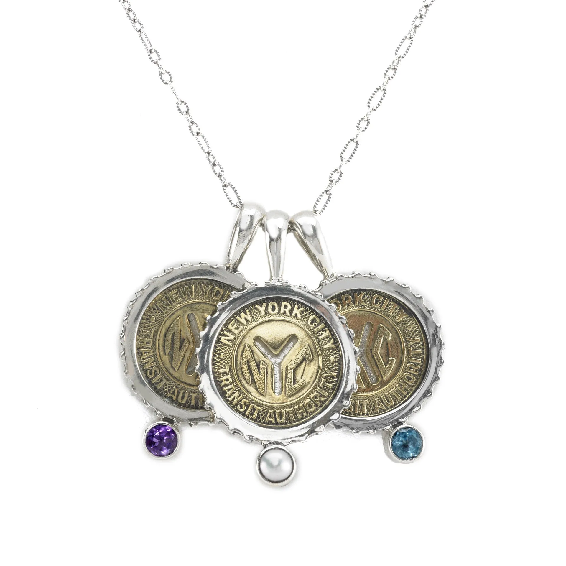 October NYC Authentic Subway Token Pink Tourmaline Sterling Silver Charm Necklace