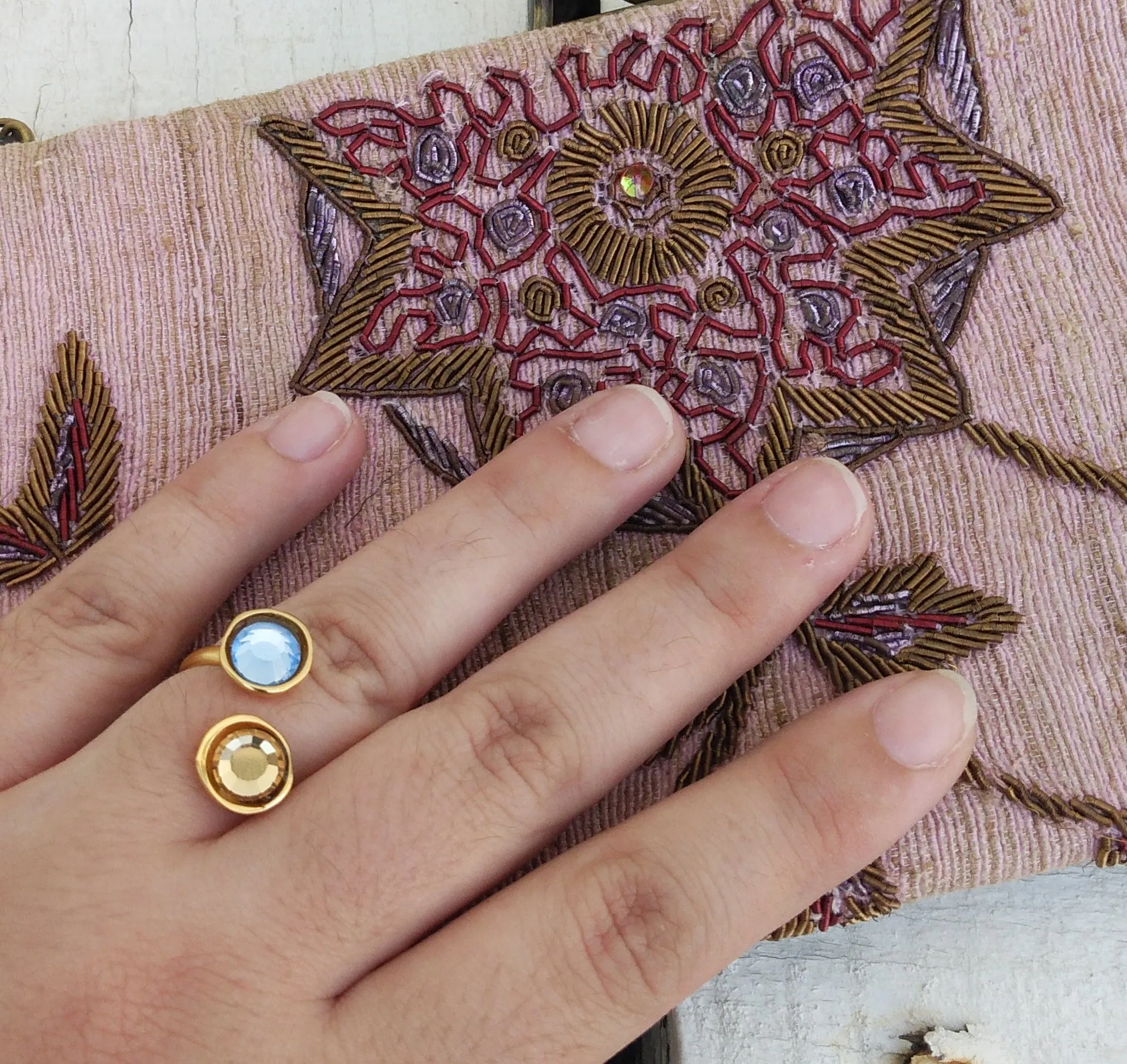 Open Stone Ring, Silver Or Gold Plated Bronze Ring With Crystals