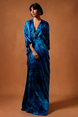 Printed Silk Satin Kaftan with Elegant Brooch Accents