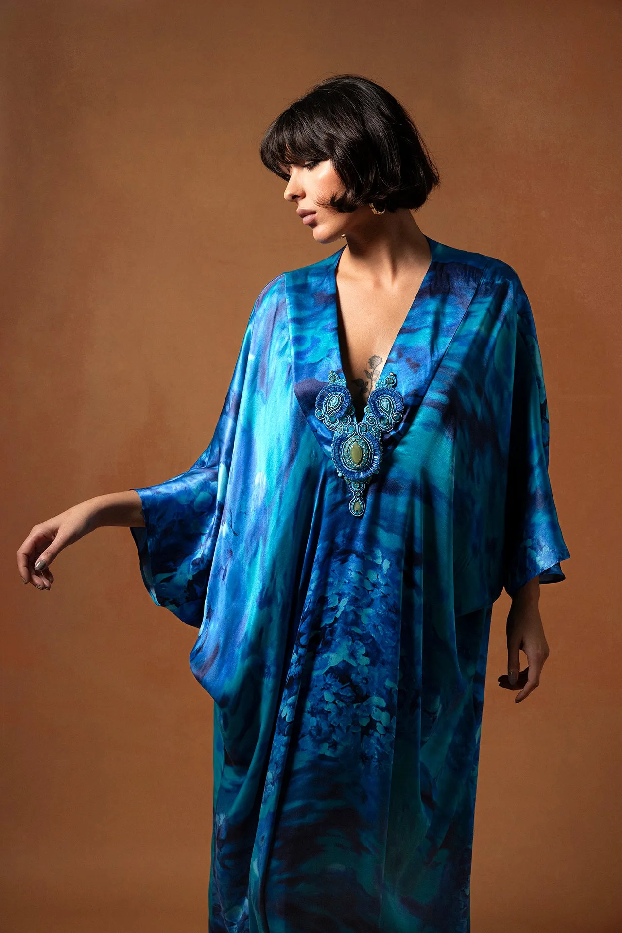 Printed Silk Satin Kaftan with Elegant Brooch Accents