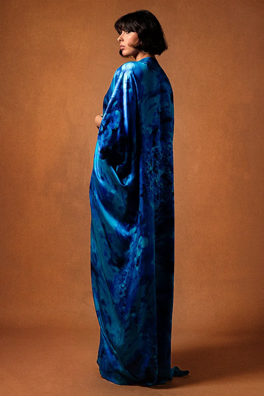 Printed Silk Satin Kaftan with Elegant Brooch Accents
