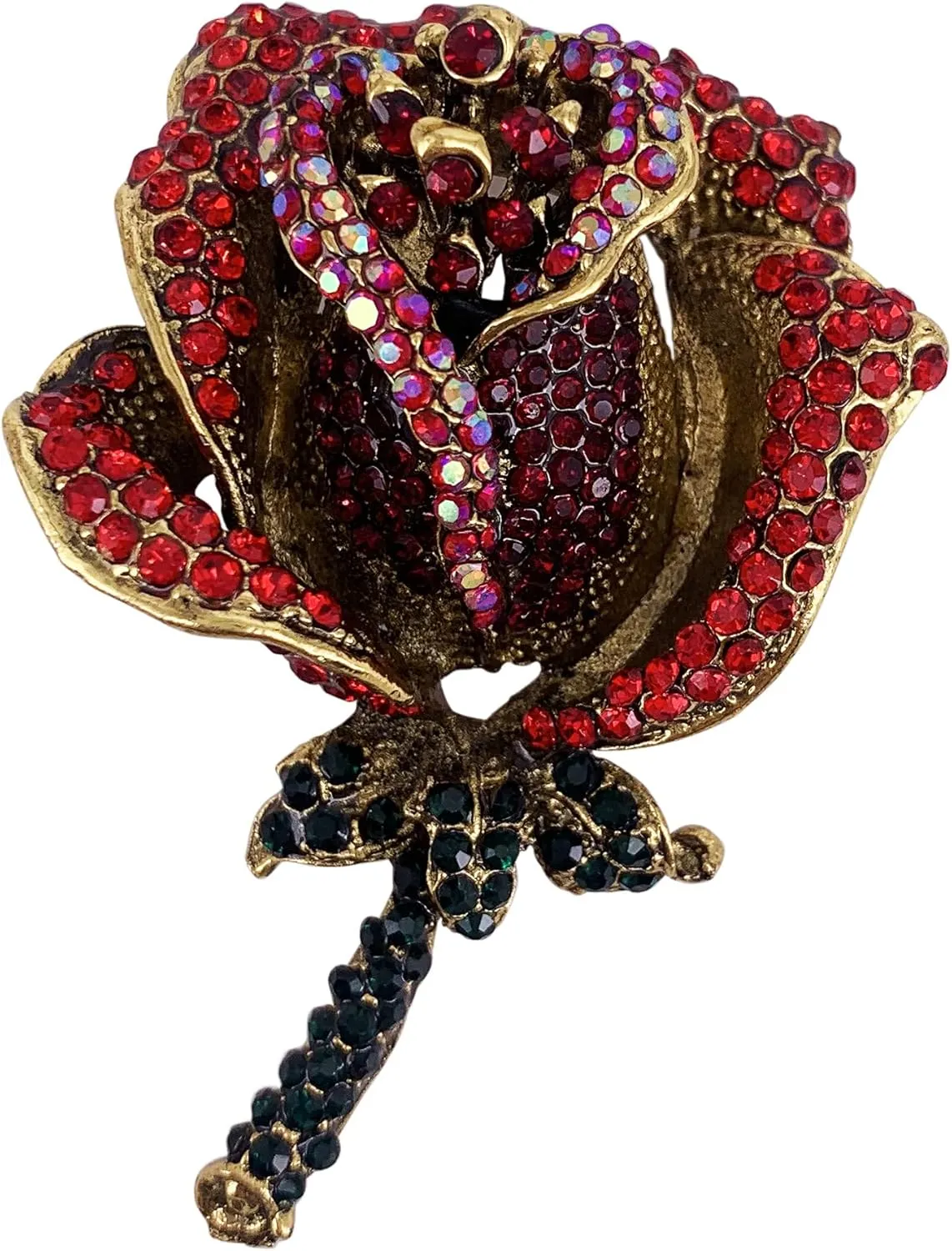 SELOVO Elegant Women Red Rose Flower Brooch Pin Rhinestone Gold Tone