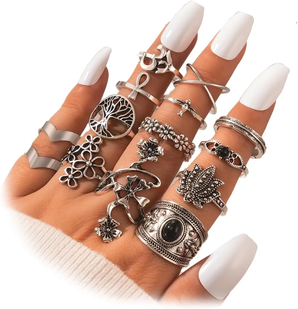 Silver Knuckle Stacking Rings Set for Women Vintage Boho Flower Statement Rings for Women Gothic Chunky Joint Finger Stacked Nail Ring Gift