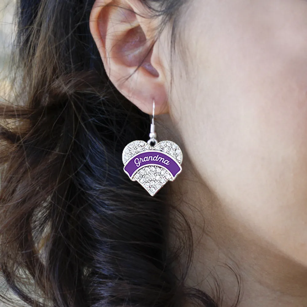 Silver Purple Grandma Pave Heart Charm Dangle Earrings
