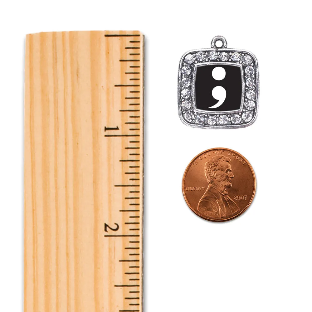 Silver Semicolon Movement Square Charm Dangle Earrings
