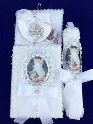 white baptism candle, catholic baptism, baptism candle boy, Baptism candle set, Guardian Angel baptism set, Angel de la Guardia